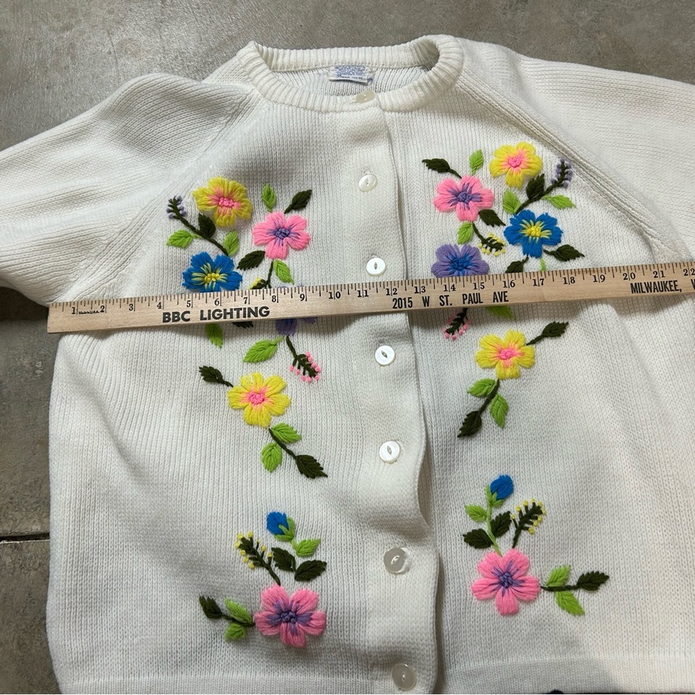 Vtg Sears 1960s Floral Crewel Embroidery Cardigan Pinup Boho Retro Acrylic XL - Picture 9 of 15